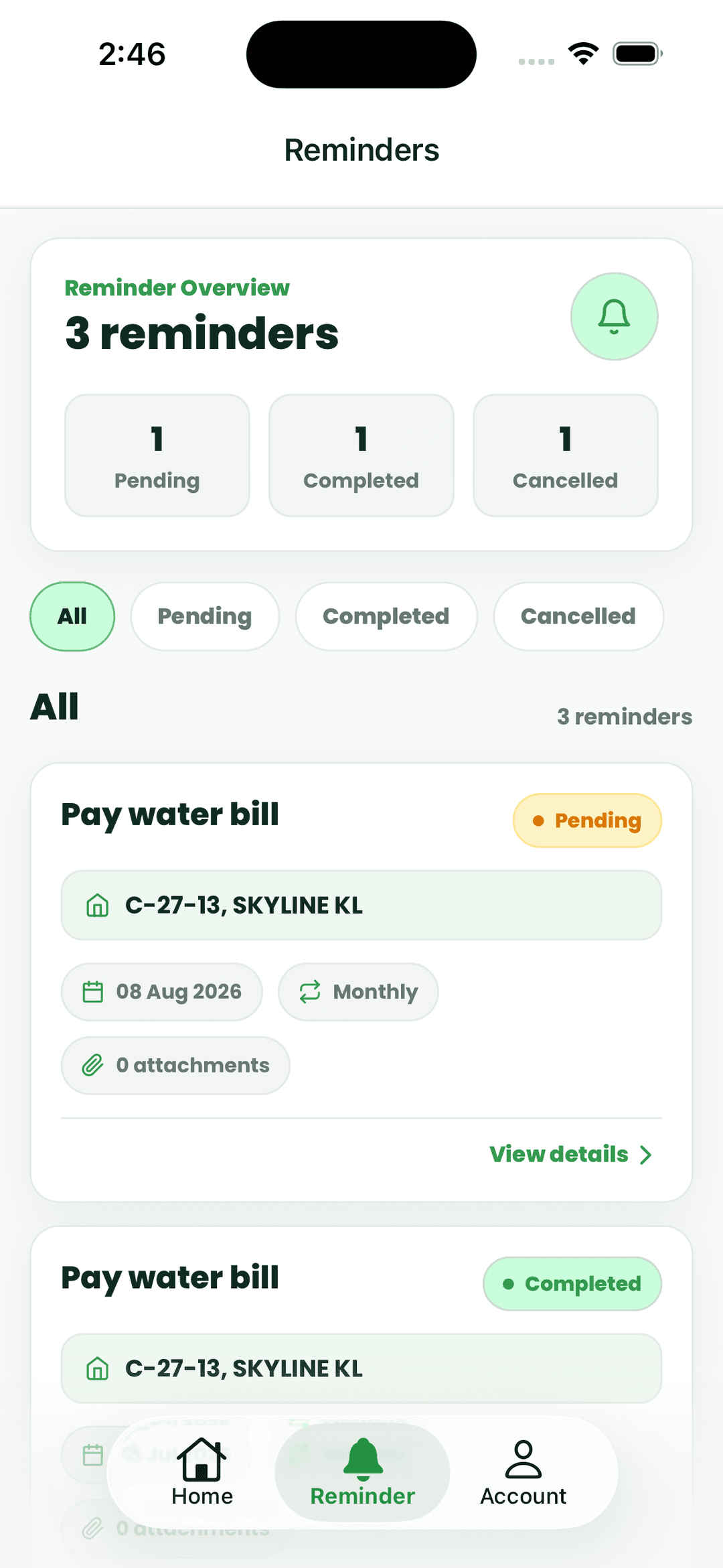 KitaSewa reminders overview screen