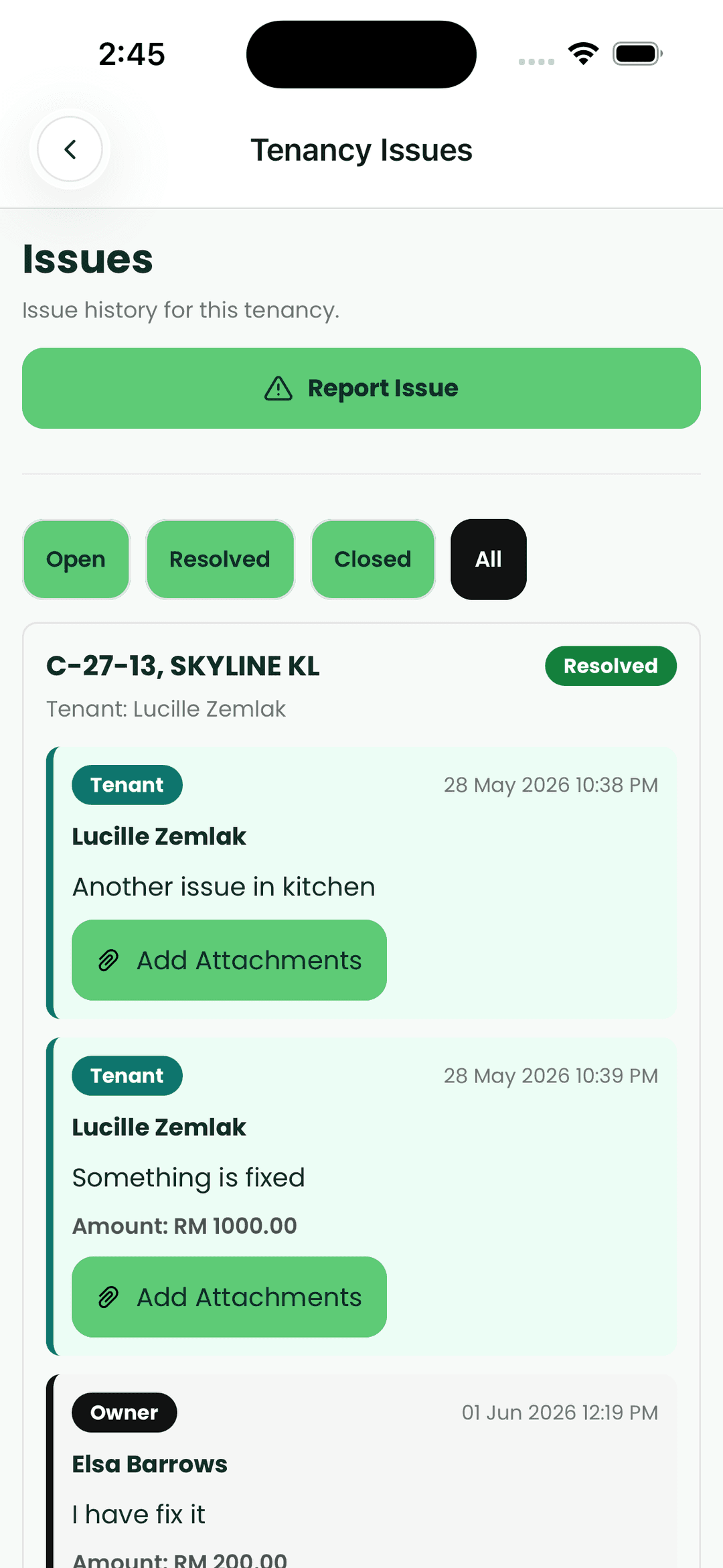 KitaSewa maintenance issue history screen